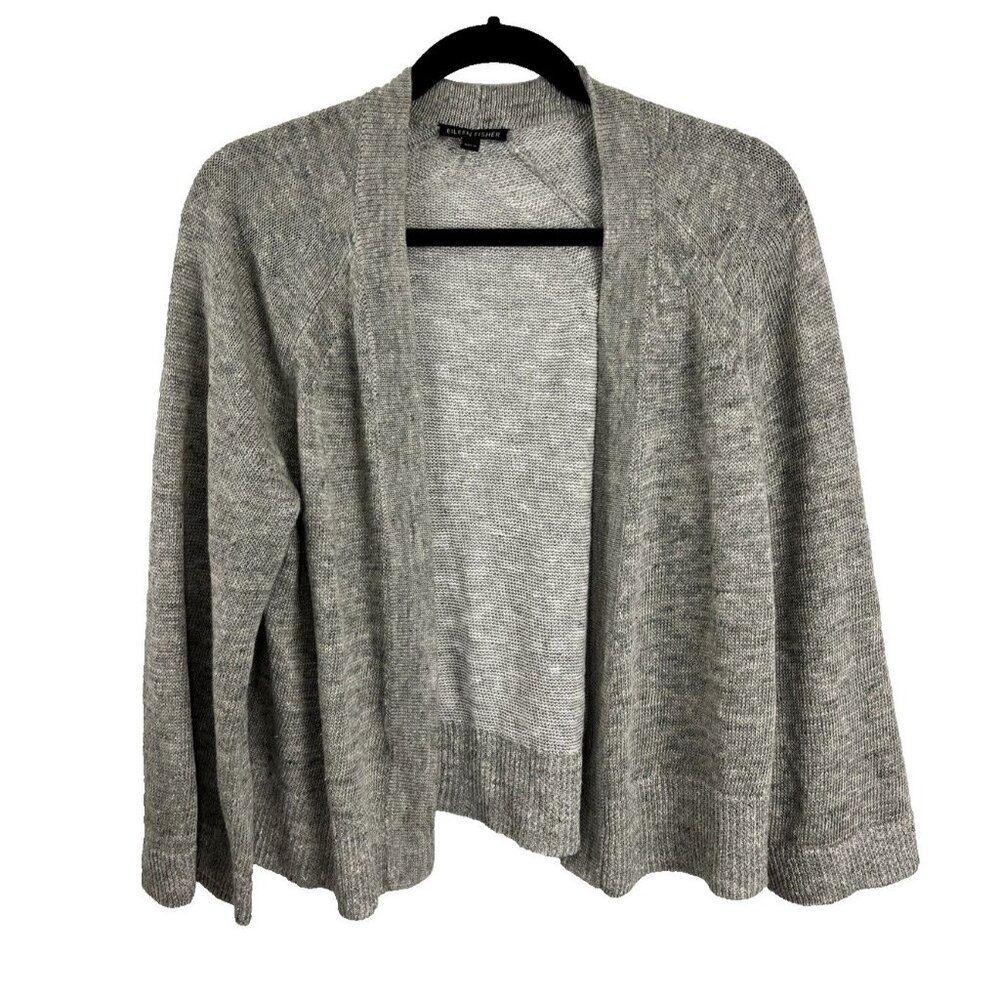 Eileen Fisher Grey-White Organic Linen & Cotton Open Front Cardi Womens Size S